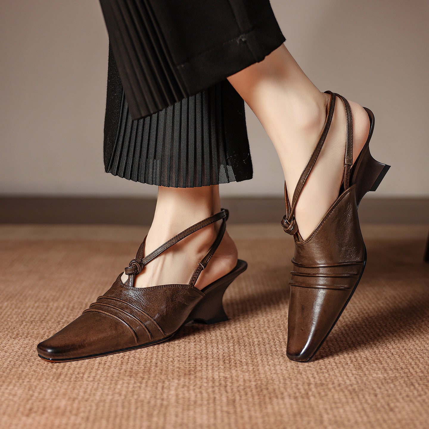 Premium Handmade Washed Leather Wedge Sandals, Women's Knotted Slingback Square Toe Shoes