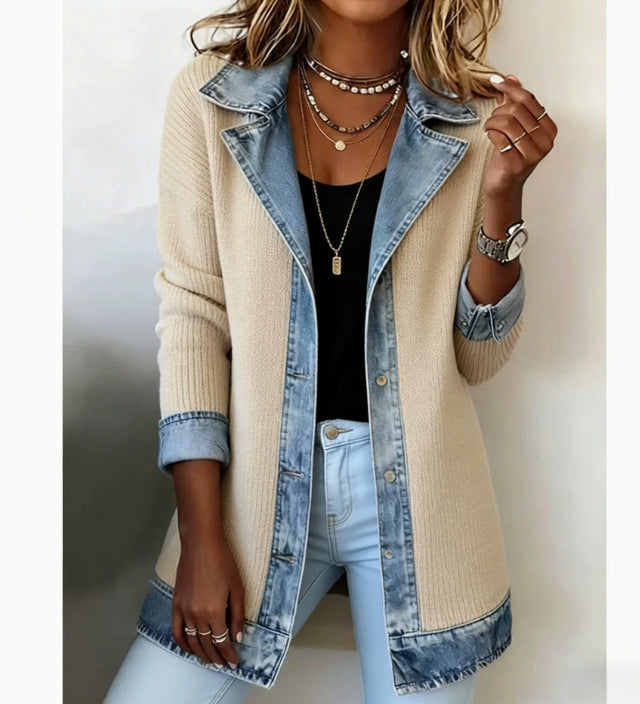 Denim Patchwork Suit Collar Coat Womens Top