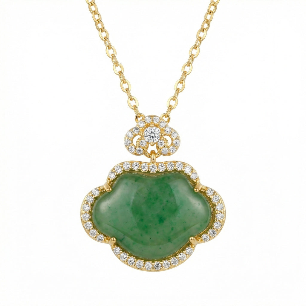 925 Sterling Silver Radiant Green Jade Ruyi Longevity Lock Pendant Necklace with Sparkling Stone Accents