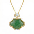 925 Sterling Silver Radiant Green Jade Ruyi Longevity Lock Pendant Necklace with Sparkling Stone Accents