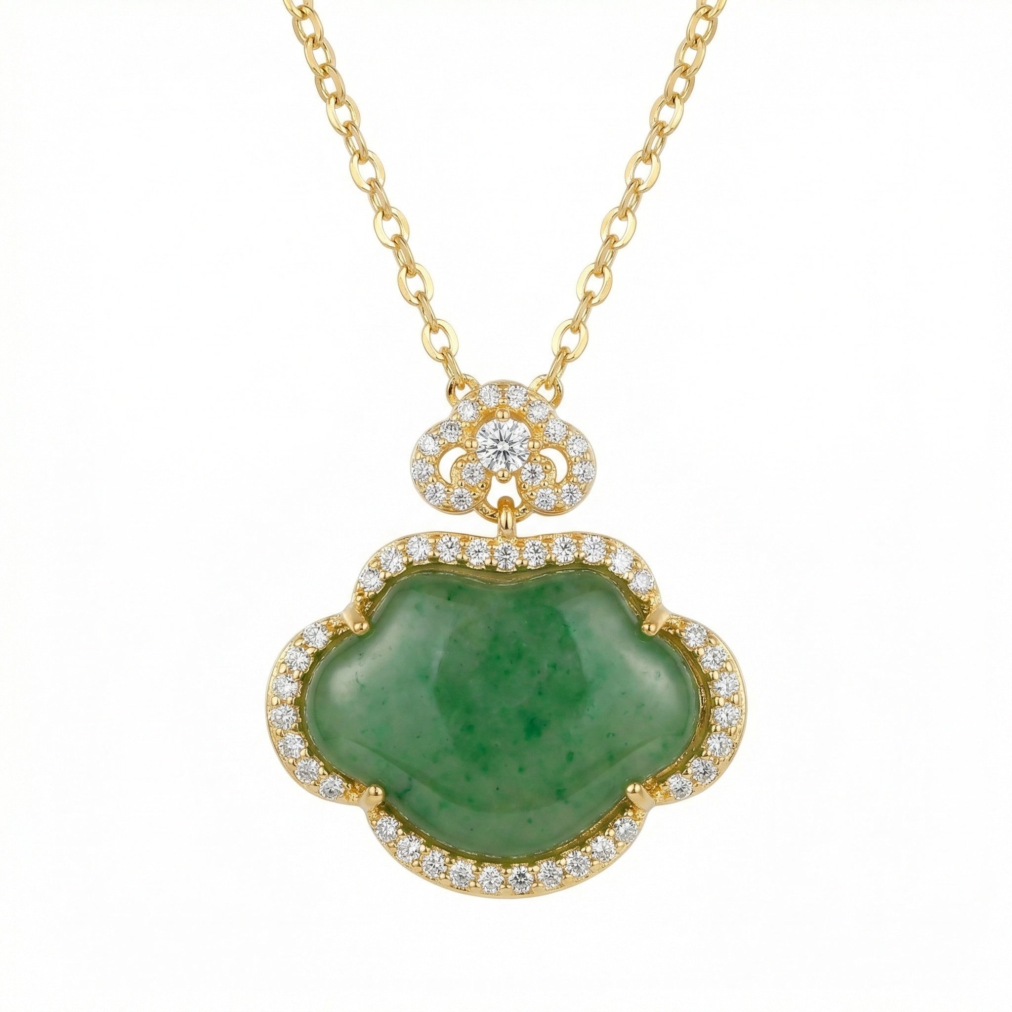 925 Sterling Silver Radiant Green Jade Ruyi Longevity Lock Pendant Necklace with Sparkling Stone Accents