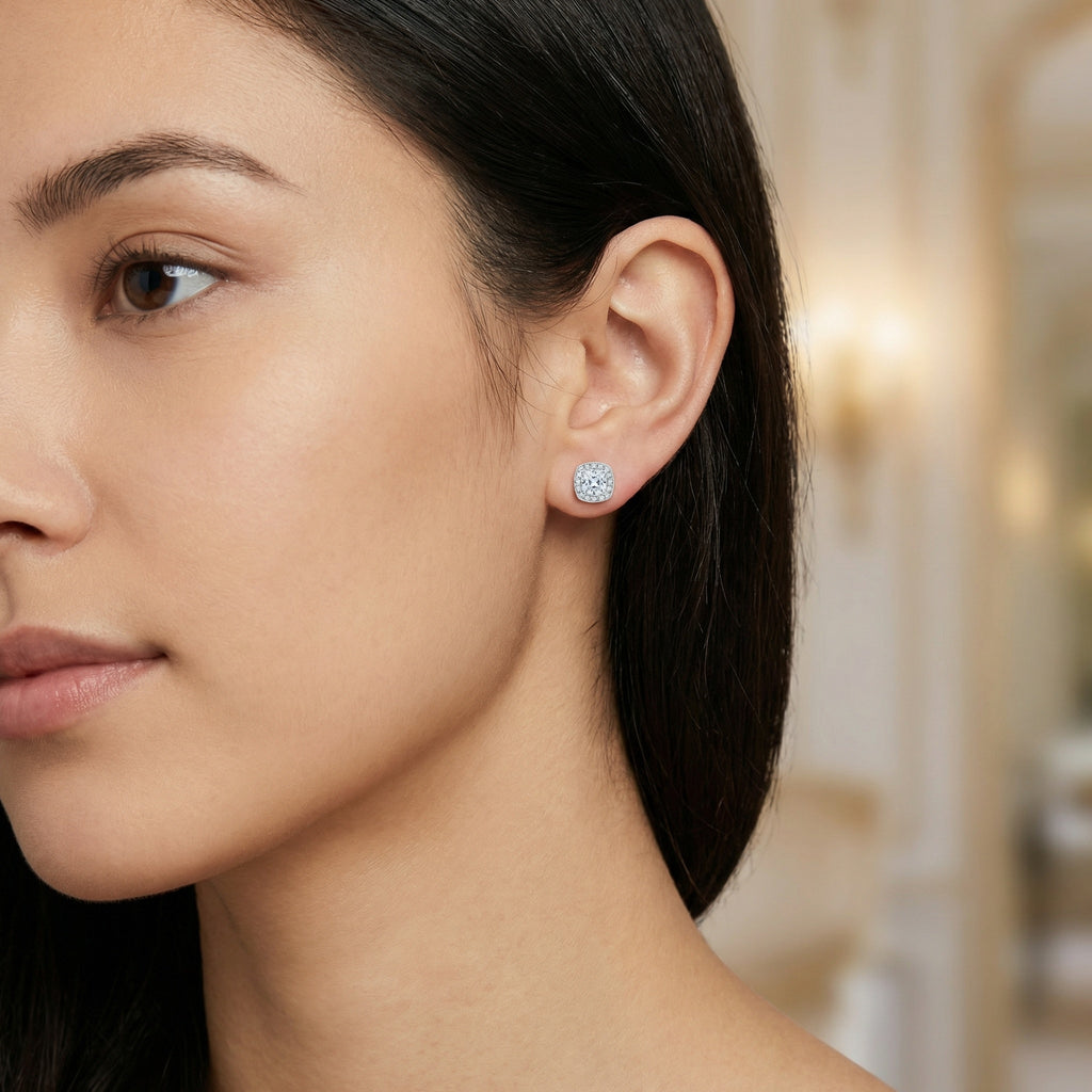 925 Sterling Silver Stunning Cushion-Cut Halo Stud Earrings in Polished White Finish