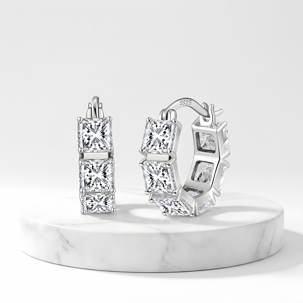 925 Sterling Silver Triple Princess-Cut CZ Hoop Earrings in Sterling