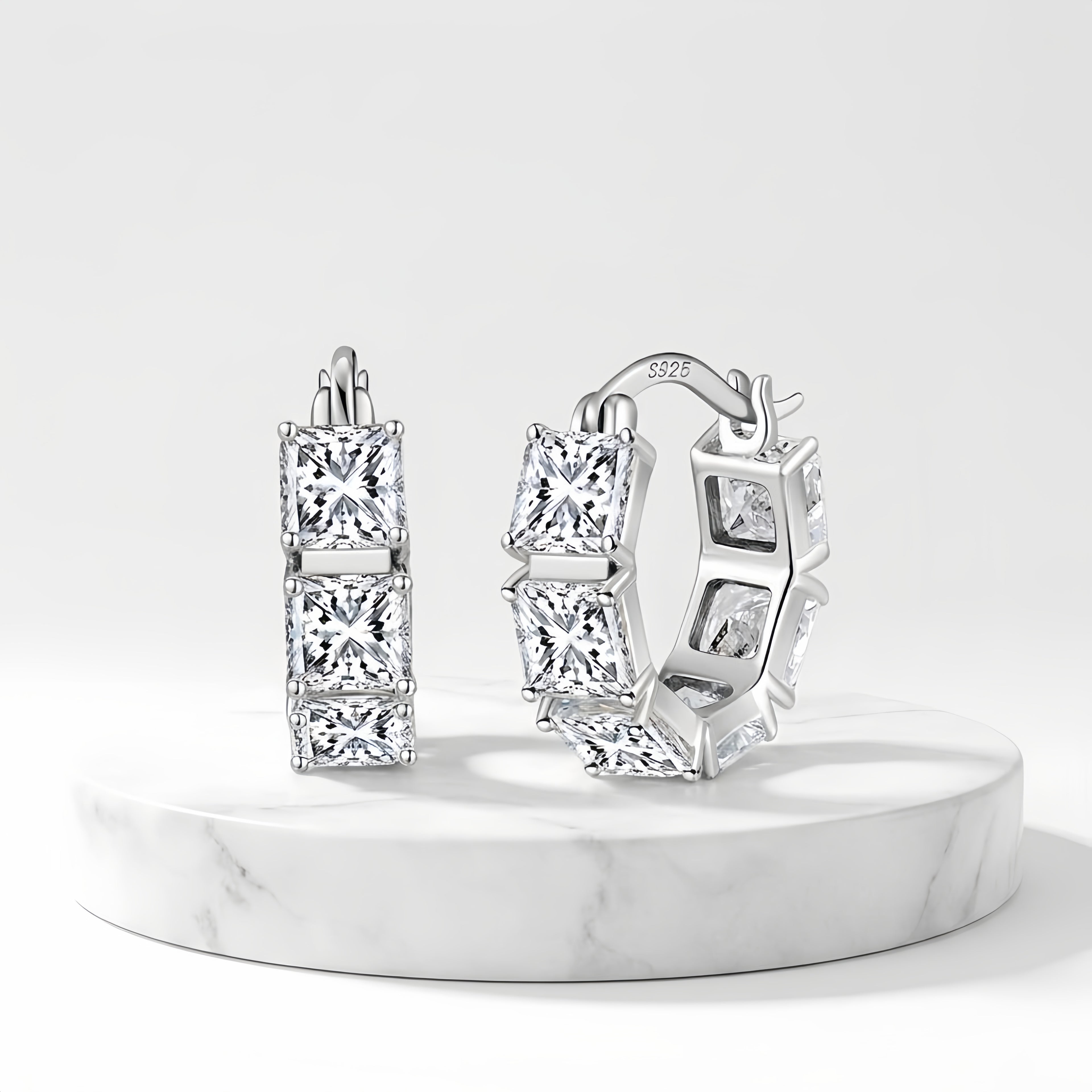 925 Sterling Silver Triple Princess-Cut CZ Hoop Earrings in Sterling