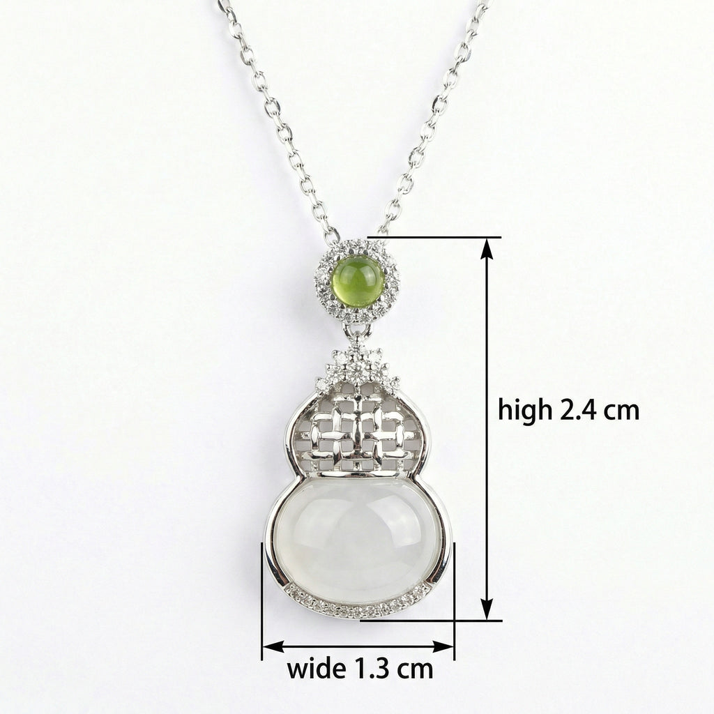 925 Sterling Silver Elegant Hulu Gourd Pendant Necklace Featuring Translucent White and Green Gemstones.