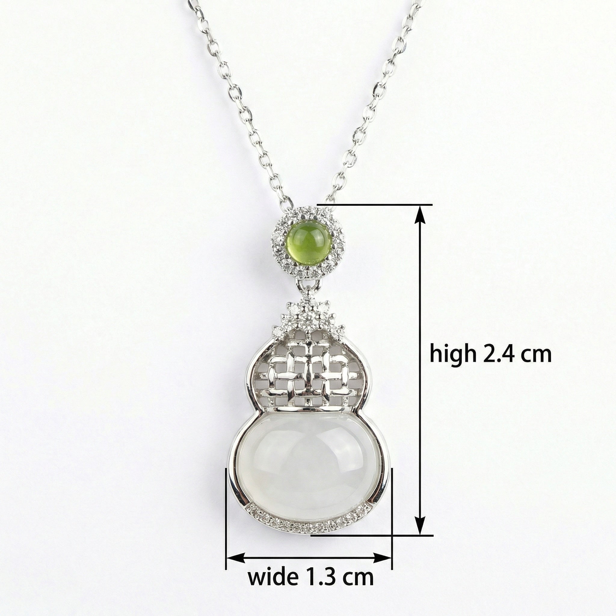 925 Sterling Silver Elegant Hulu Gourd Pendant Necklace Featuring Translucent White and Green Gemstones.