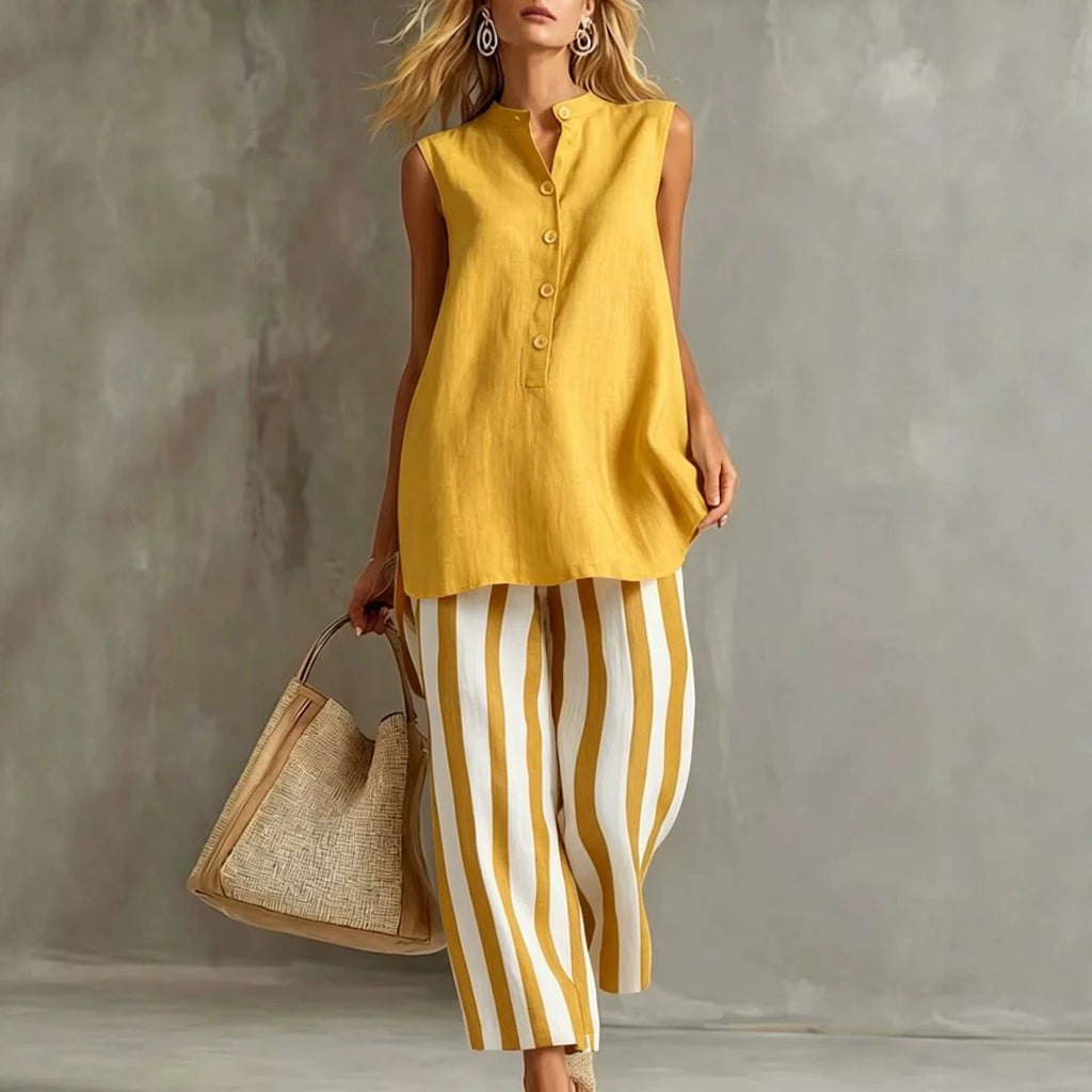 Casual Sleeveless Shirt Top And Striped Wide-Leg Pants Two-Piece Set