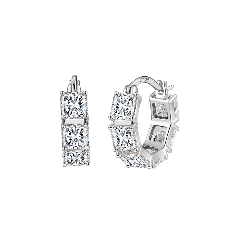 925 Sterling Silver Triple Princess-Cut CZ Hoop Earrings in Sterling