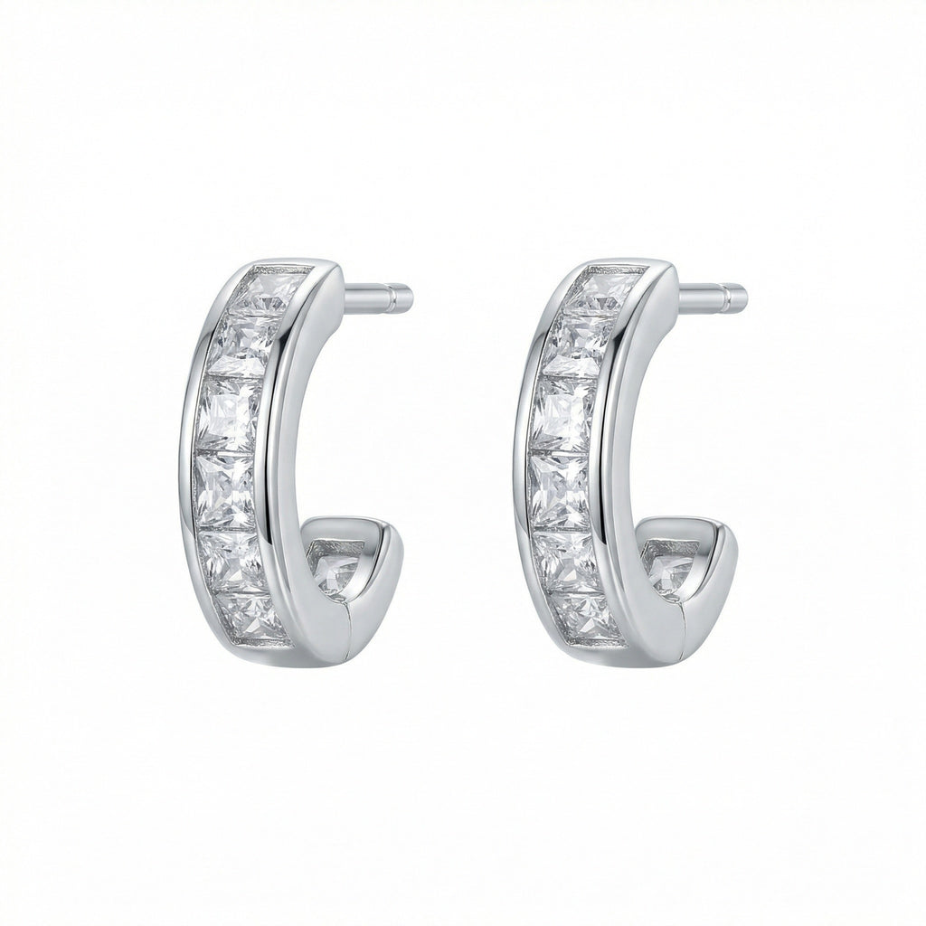 925 Sterling Silver Elegant Sterling Silver Channel-Set Princess-Cut Zirconia Half-Hoop Earrings