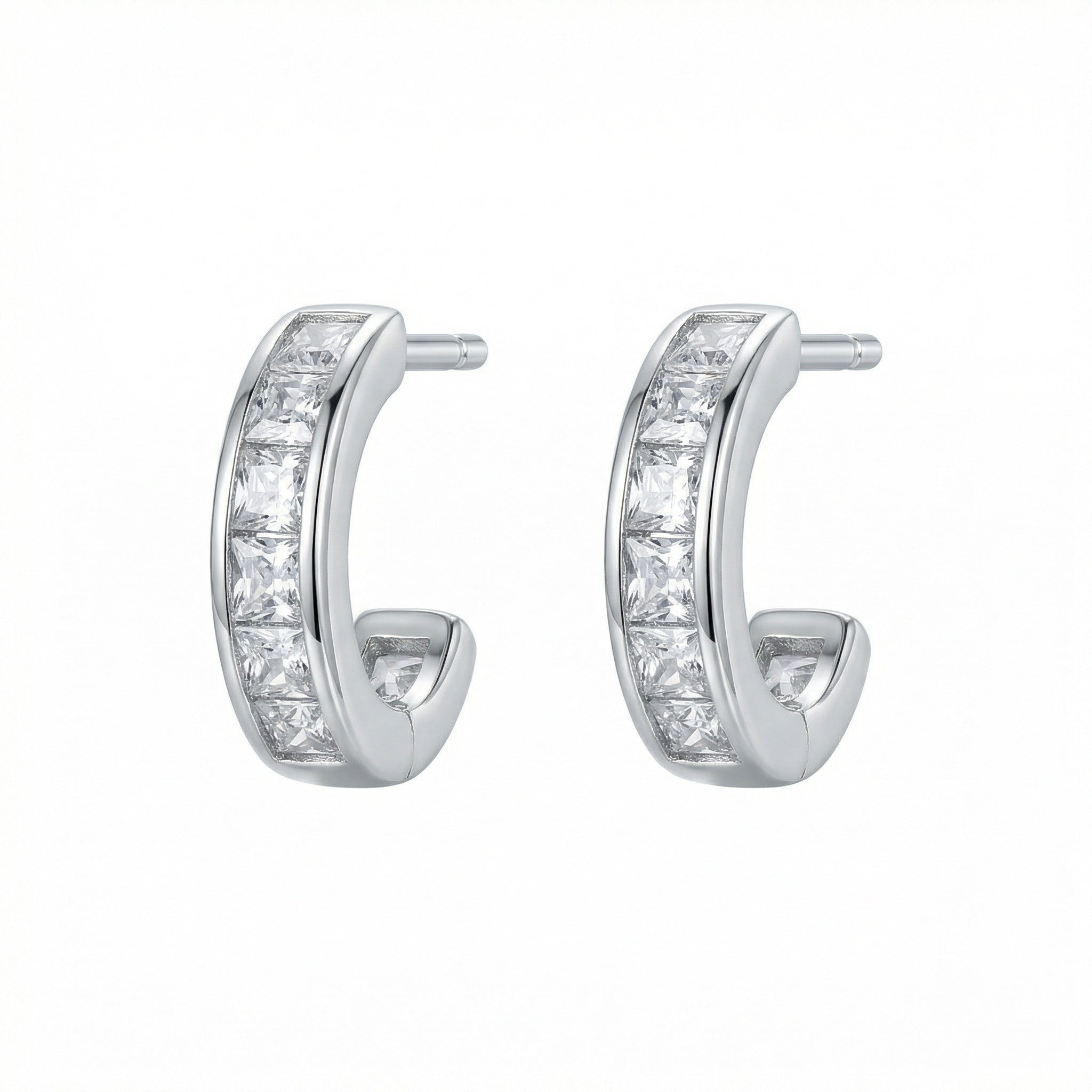 925 Sterling Silver Elegant Sterling Silver Channel-Set Princess-Cut Zirconia Half-Hoop Earrings