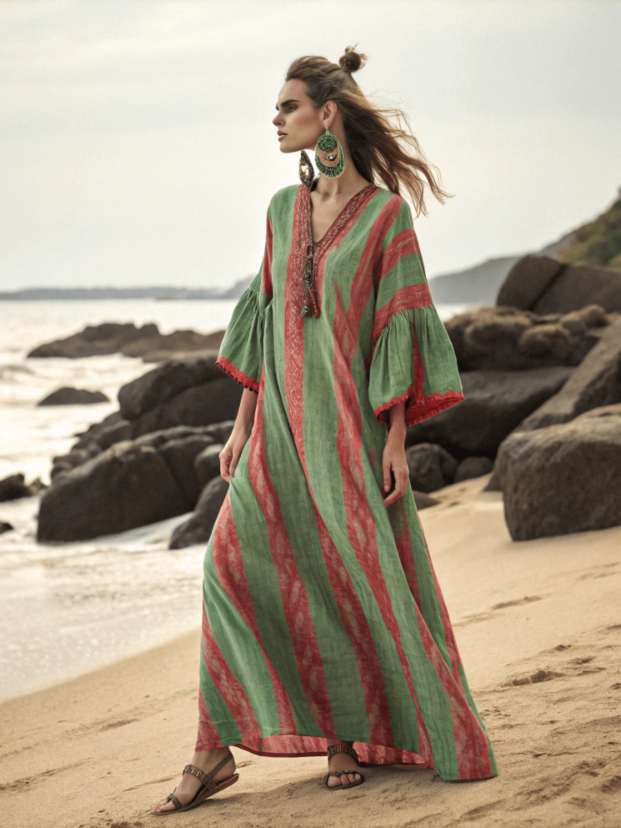 Digital Print V-Neck Patch Pocket Dress