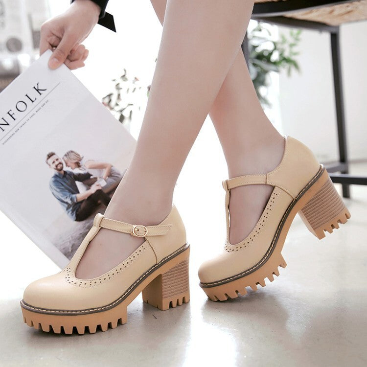 Korean-style Low-Top Single-Buckle Japanese-Style Retro Lace-trimmed Thick-soled Womens High Heels