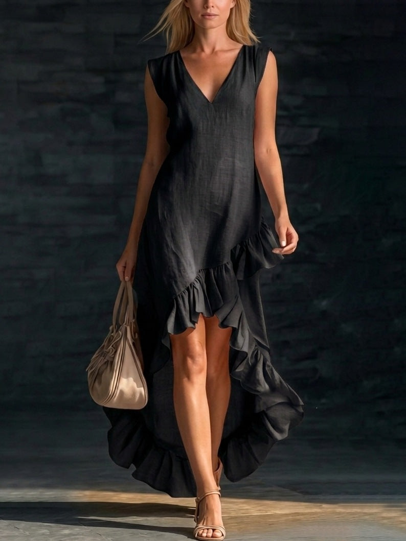 Women's Fashion Romantic Sleeveless V-Neck Ruffle Hem Cotton Linen Maxi Dress