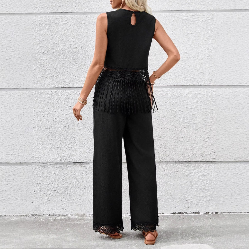 Resort-style Lace Tassel Sleeveless Vest And Wide-leg Pants