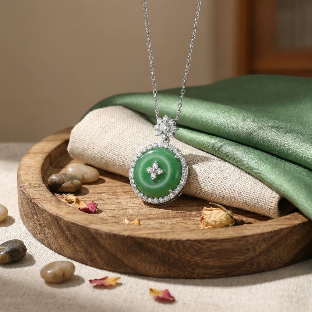 925 Sterling Silver Elegant Round Green Jade and Diamond Pendant Necklace with Floral Accents