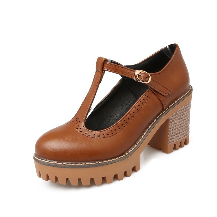 Korean-style Low-Top Single-Buckle Japanese-Style Retro Lace-trimmed Thick-soled Womens High Heels