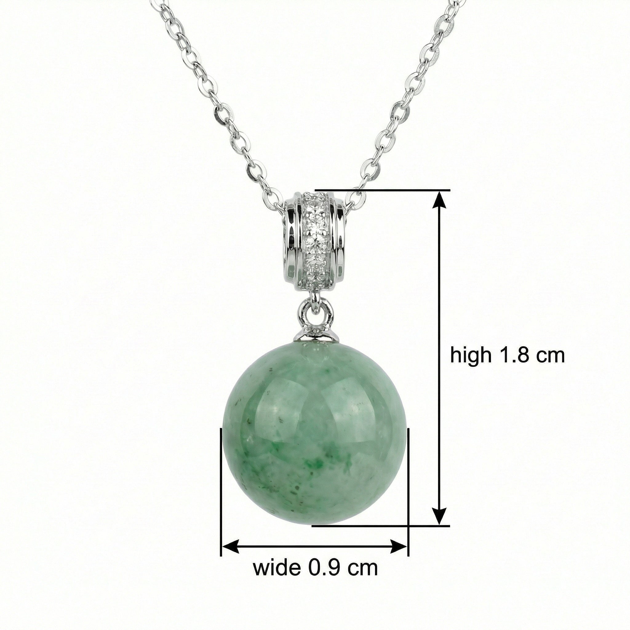 925 Sterling Silver Elegant Green Jade Round Sphere Pendant Necklace with Gemstone-Encrusted Bail