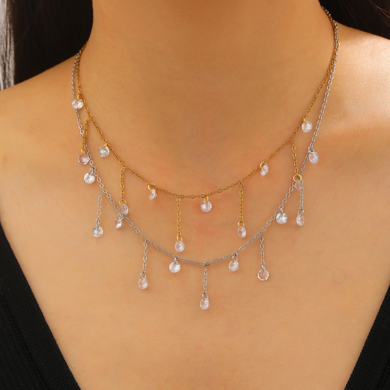 Stainless Steel Flashing Zircon Tassel Necklace Exquisite Minimalist Elegant High-End And Beautiful