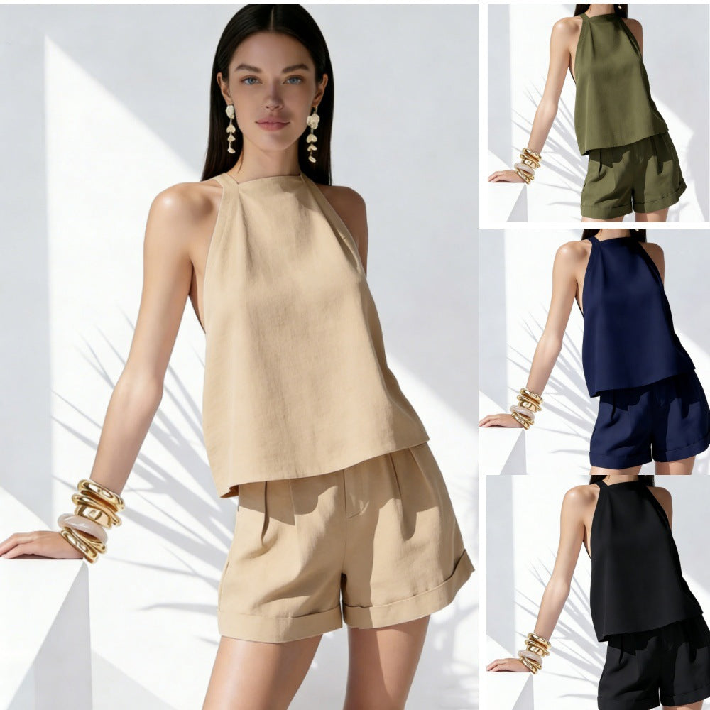 Womens 2-Piece Linen Sleeveless Halter Top Set