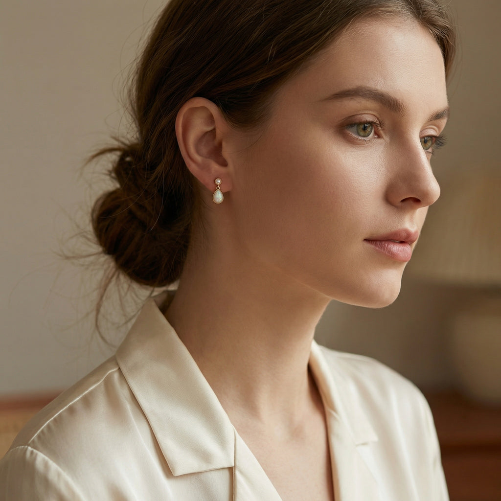 925 Sterling Silver Elegant Pearl and Pear-Shaped Opal Drop Earrings with Intricate Bezel Detailing