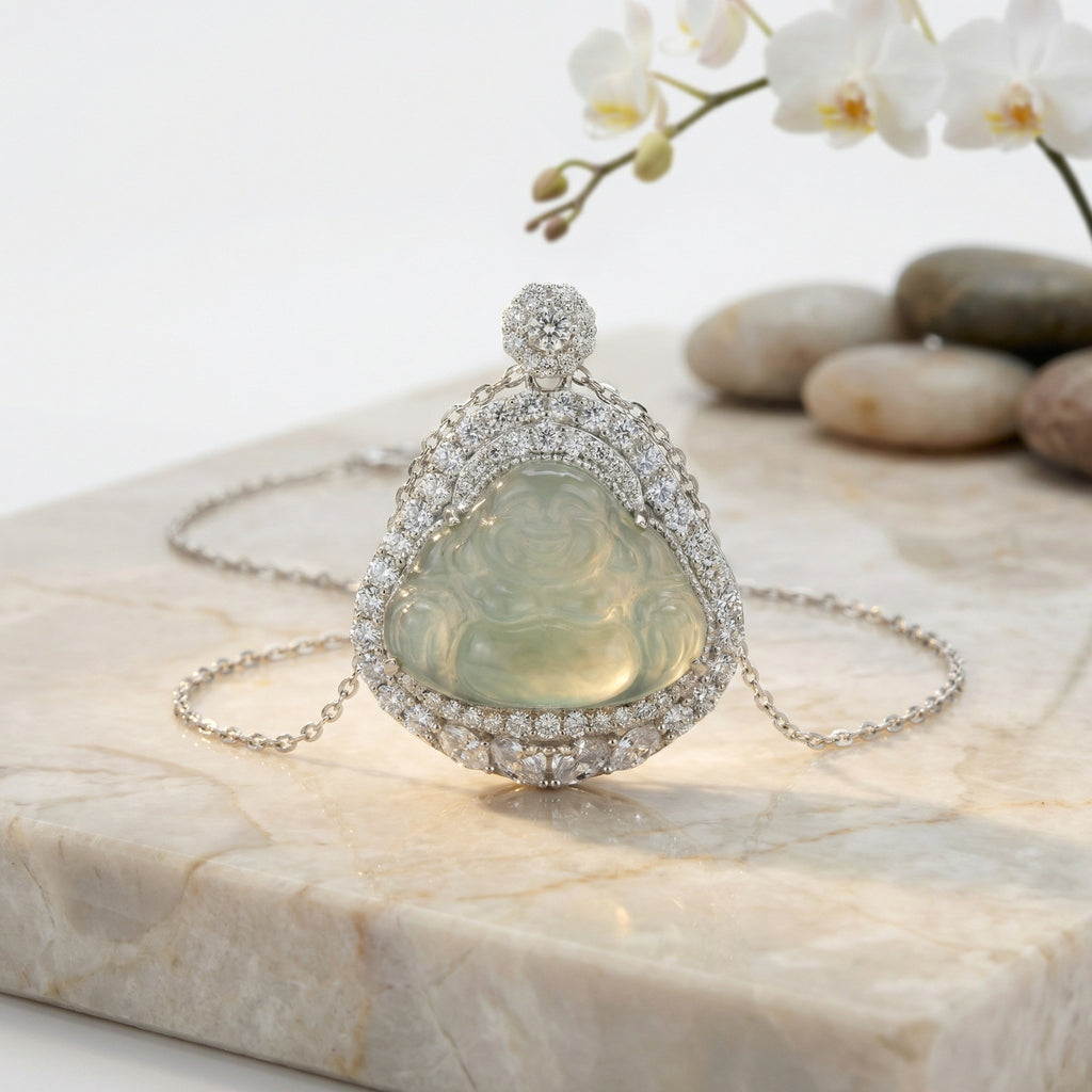 925 Sterling Silver Elegant Natural Green Jadeite Laughing Buddha Pendant Necklace with Sparkling CZ Accents