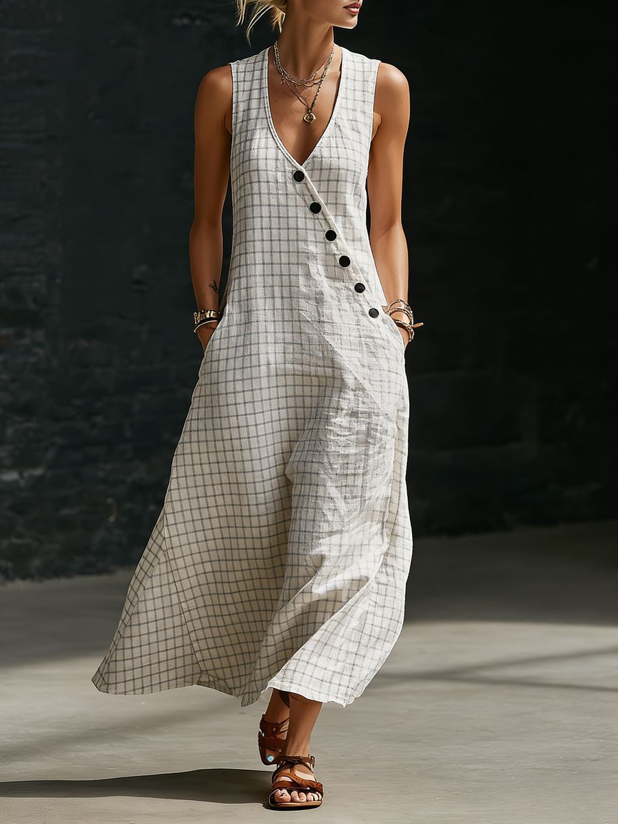 Womens Loose V-Neck Slant-Button Dress