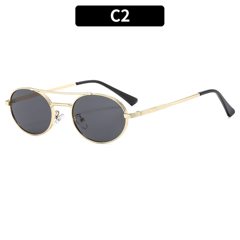 Retro Oval Fashionable Dual-Beam Metal Sunglasses For Sun Protection