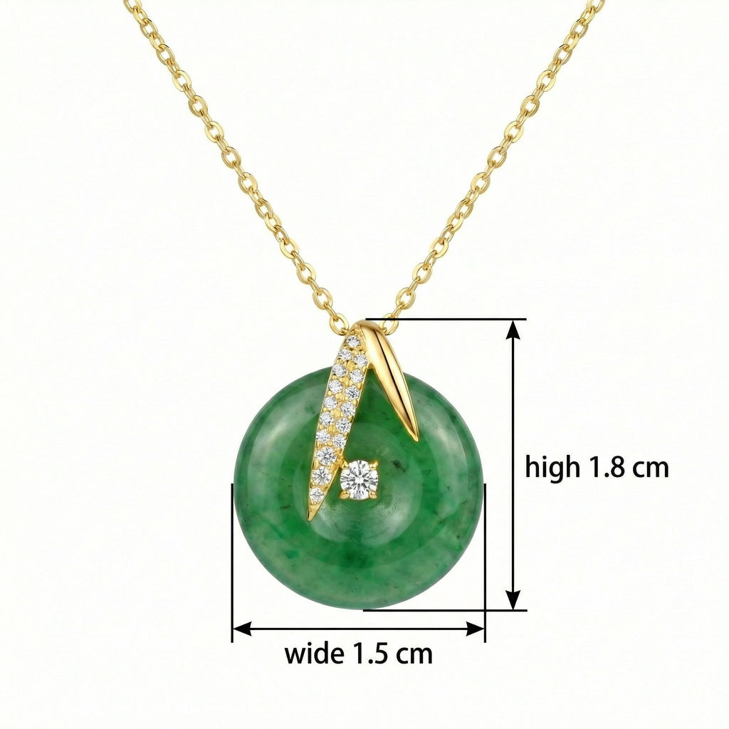 925 Sterling Silver Elegant Green Jade Pi Disc Pendant Necklace Featuring Brilliant CZ Accents and Sophisticated Metal Chain
