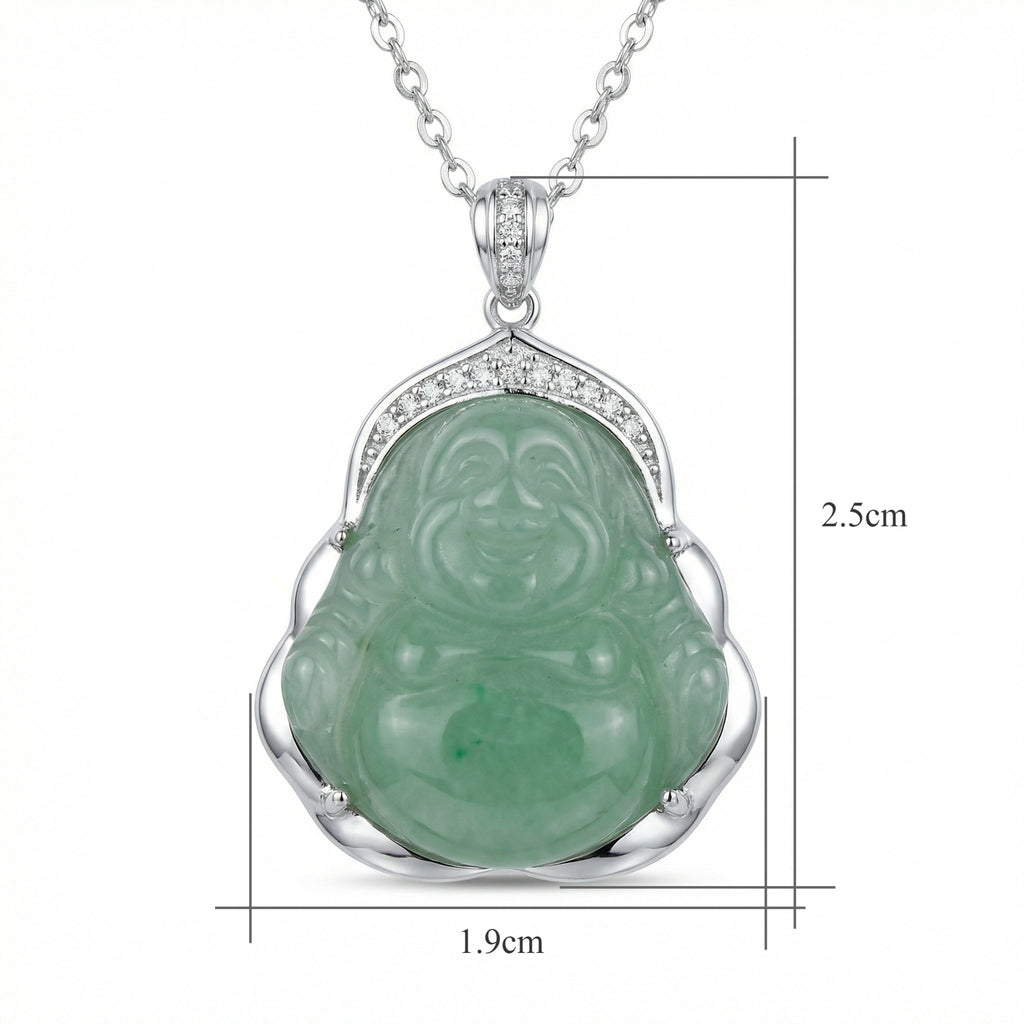 925 Sterling Silver Exquisite Green Jade Laughing Buddha Pendant Necklace in Sterling Silver with Shimmering Accents