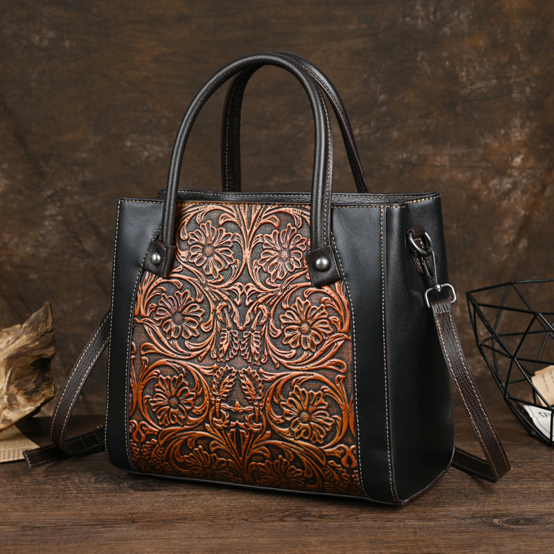 Single-shoulder Slanted-top Full-grain Leather Tote Bag With Leather Carving