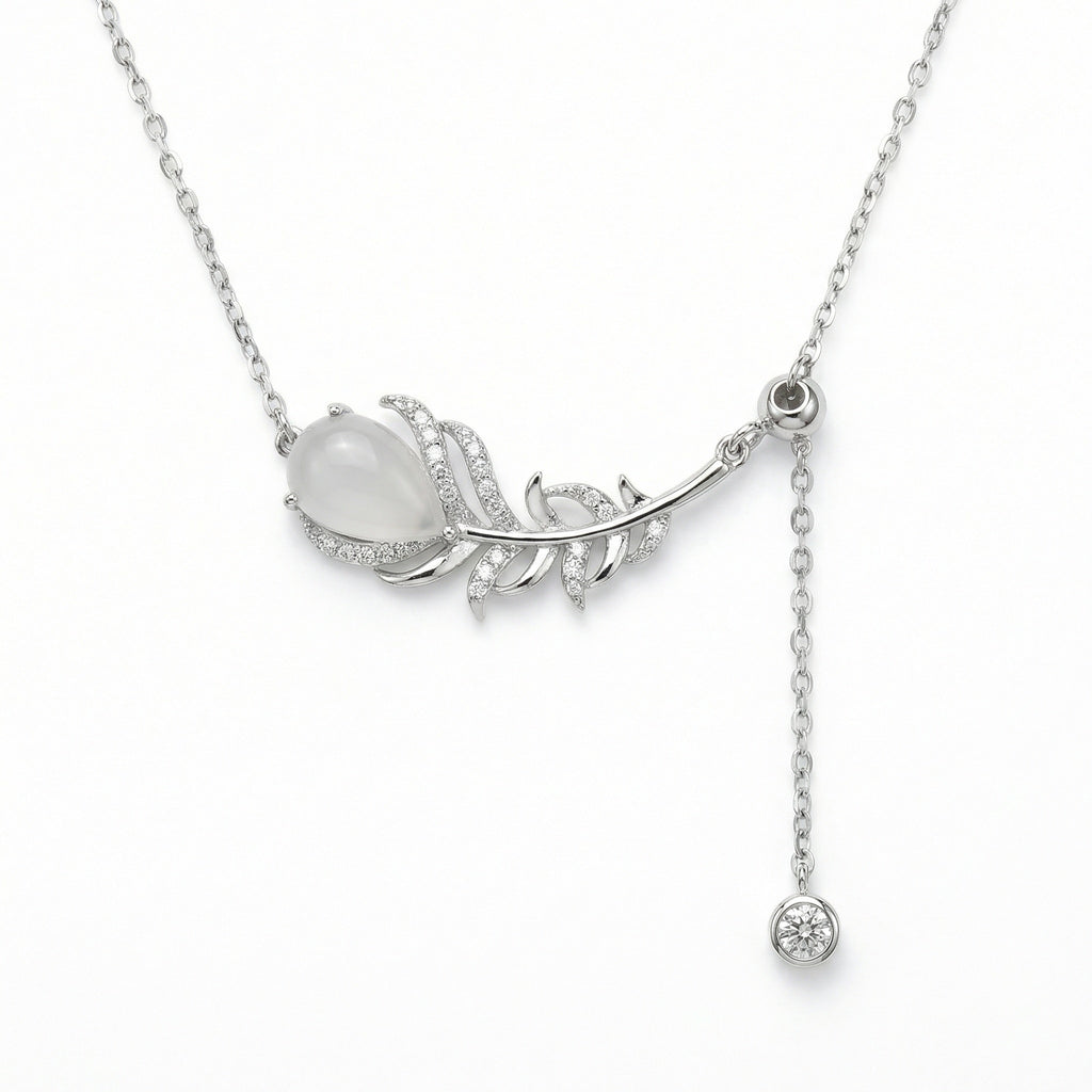 925 Sterling Silver Elegant Sterling Silver Feather Pendant Necklace with Pear Moonstone and Sparkling Accents