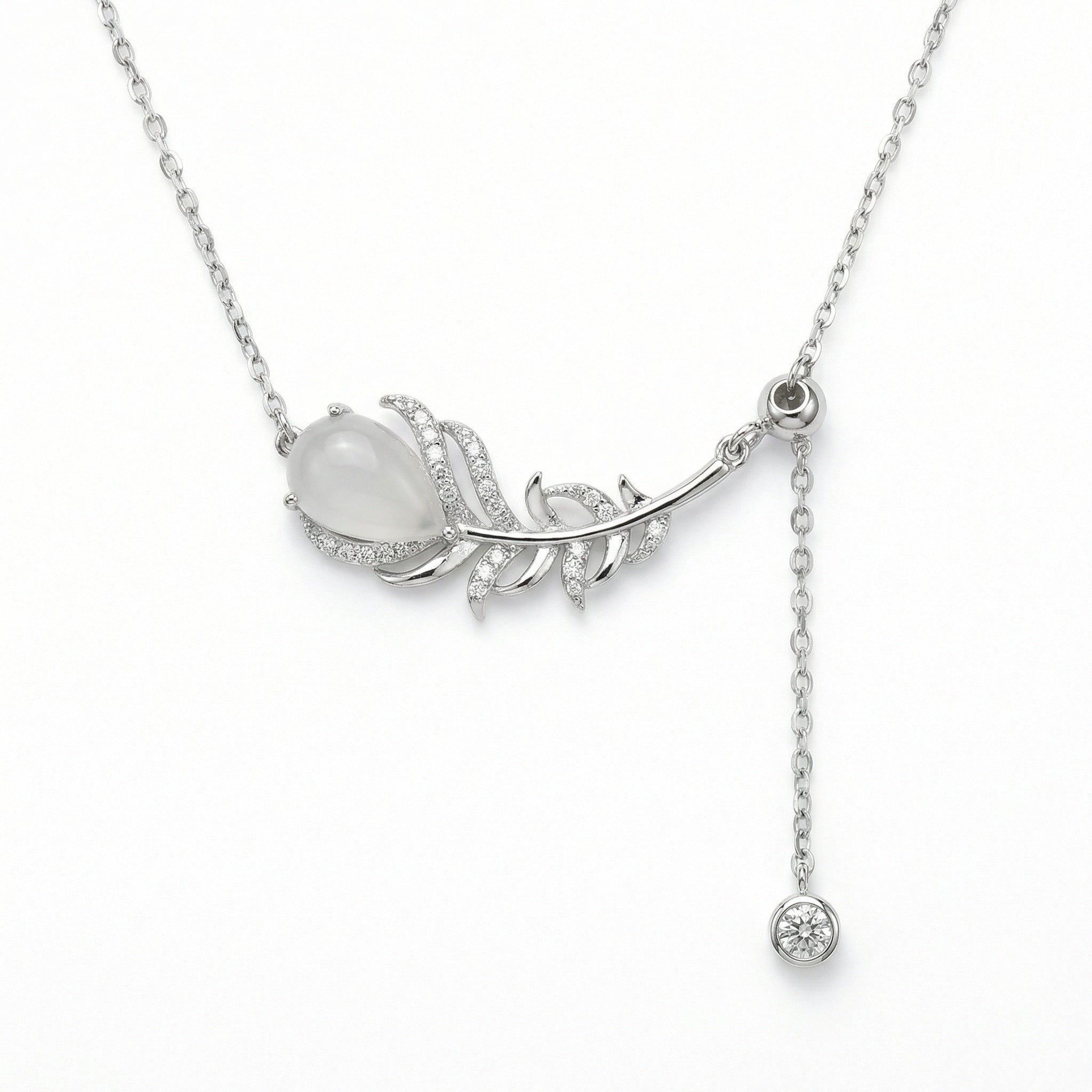 925 Sterling Silver Elegant Sterling Silver Feather Pendant Necklace with Pear Moonstone and Sparkling Accents