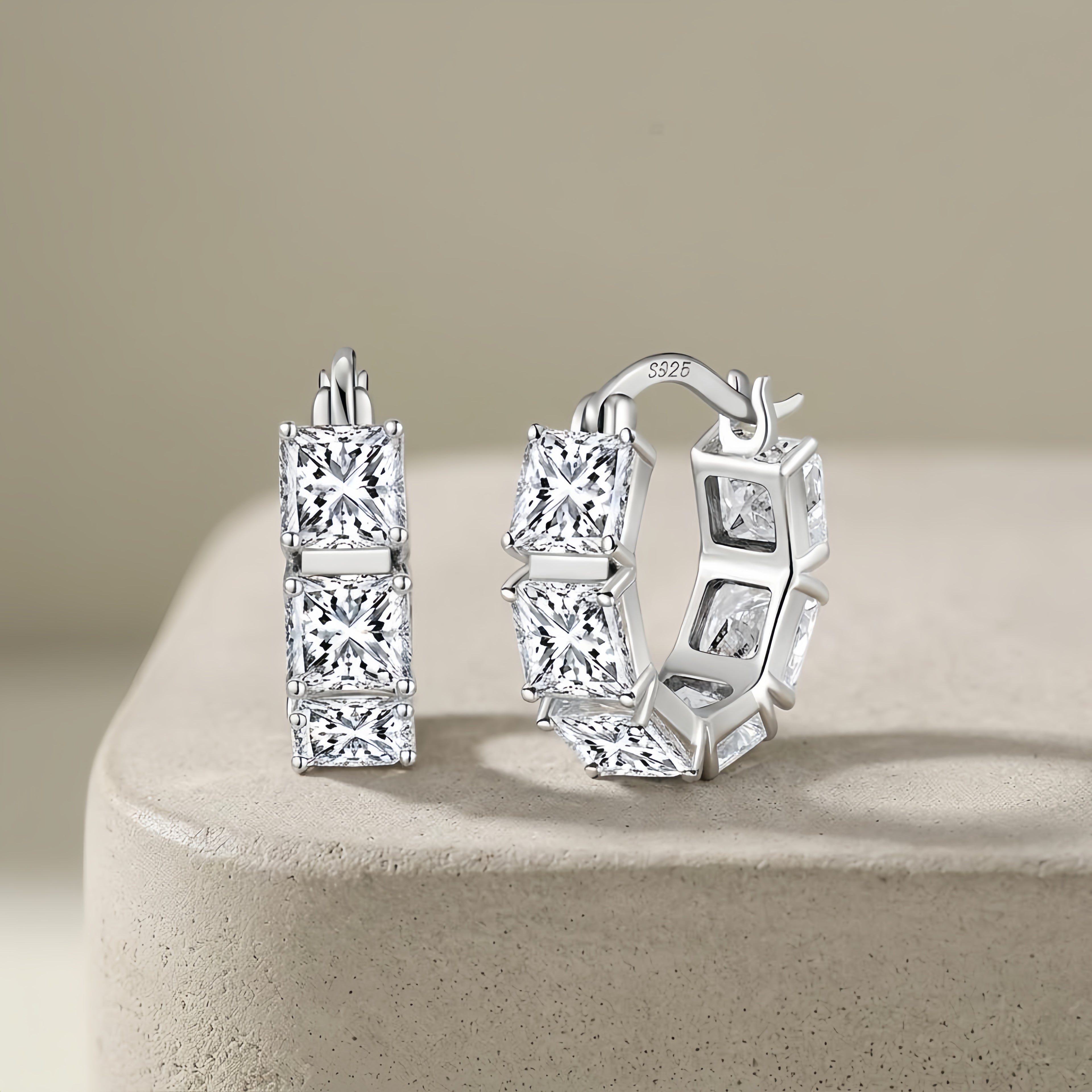925 Sterling Silver Triple Princess-Cut CZ Hoop Earrings in Sterling