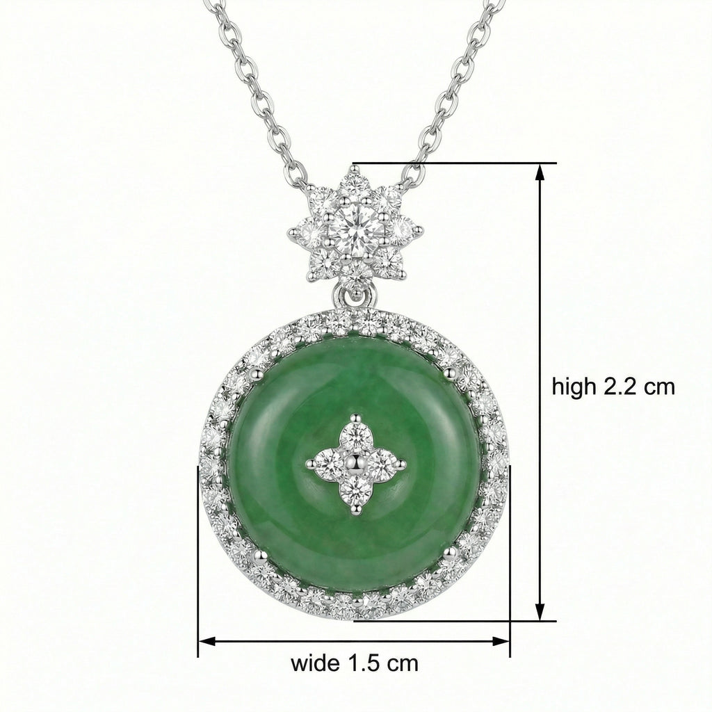 925 Sterling Silver Elegant Round Green Jade and Diamond Pendant Necklace with Floral Accents