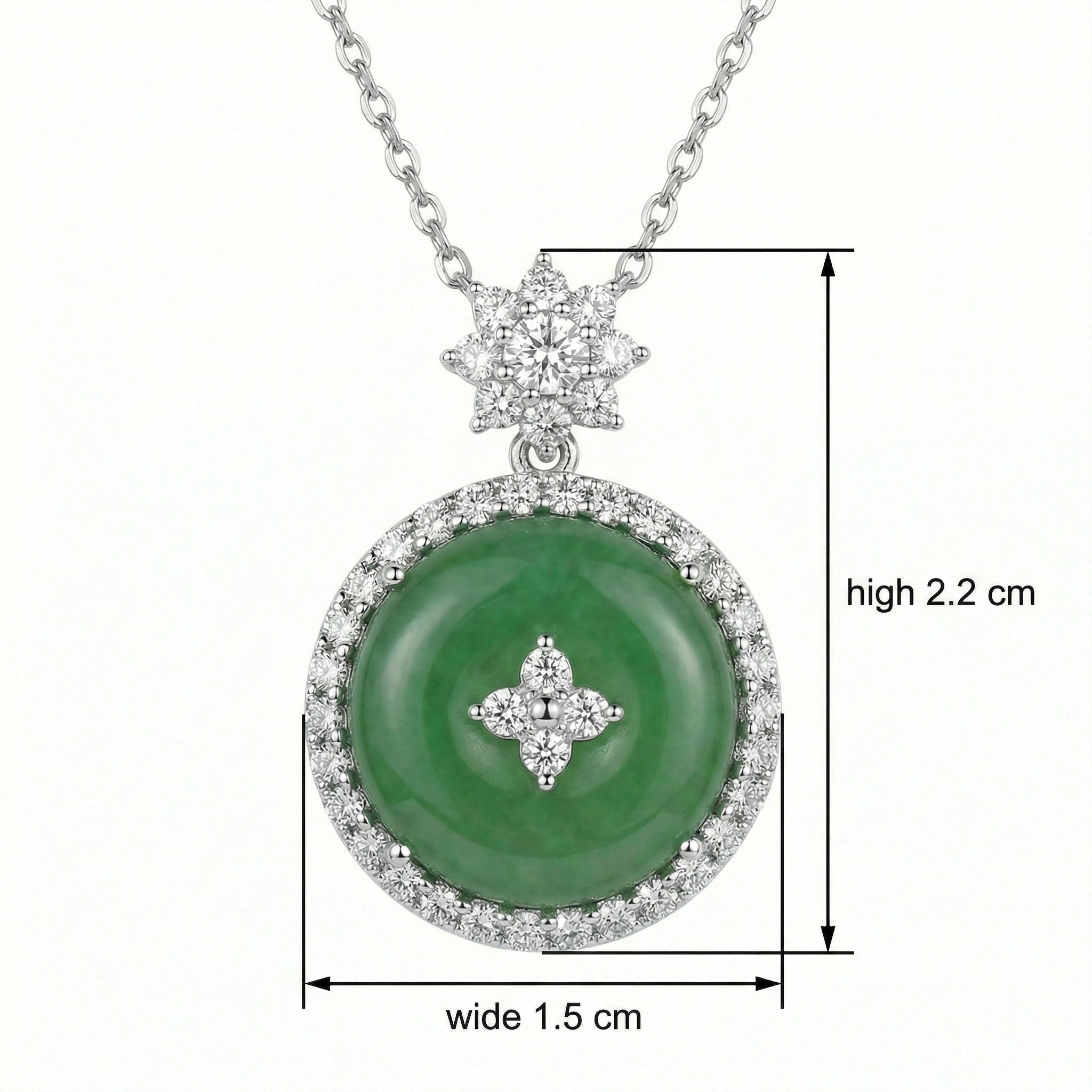 925 Sterling Silver Elegant Round Green Jade and Diamond Pendant Necklace with Floral Accents