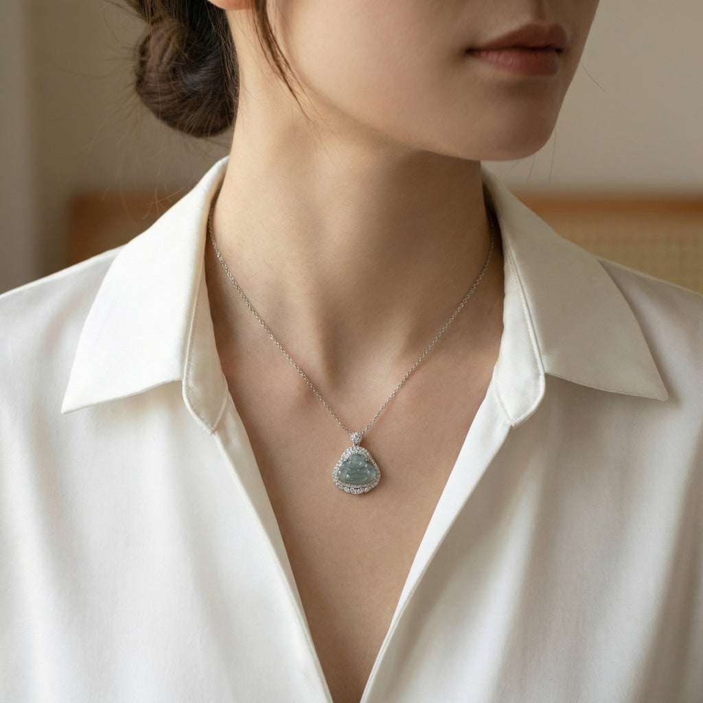 925 Sterling Silver Elegant Natural Green Jadeite Laughing Buddha Pendant Necklace with Sparkling CZ Accents