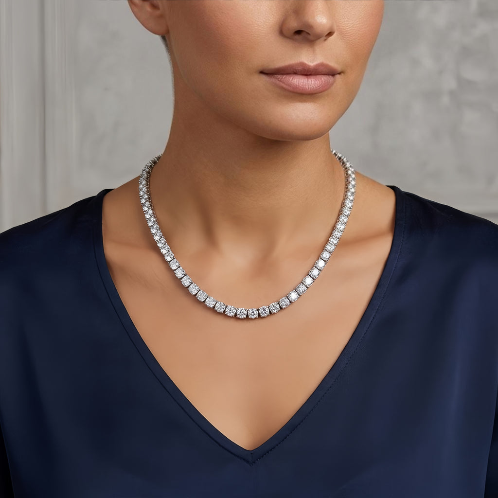 925 Sterling Silver Elegant Multi-Row CZ Necklace Sparkling White Gold Chain