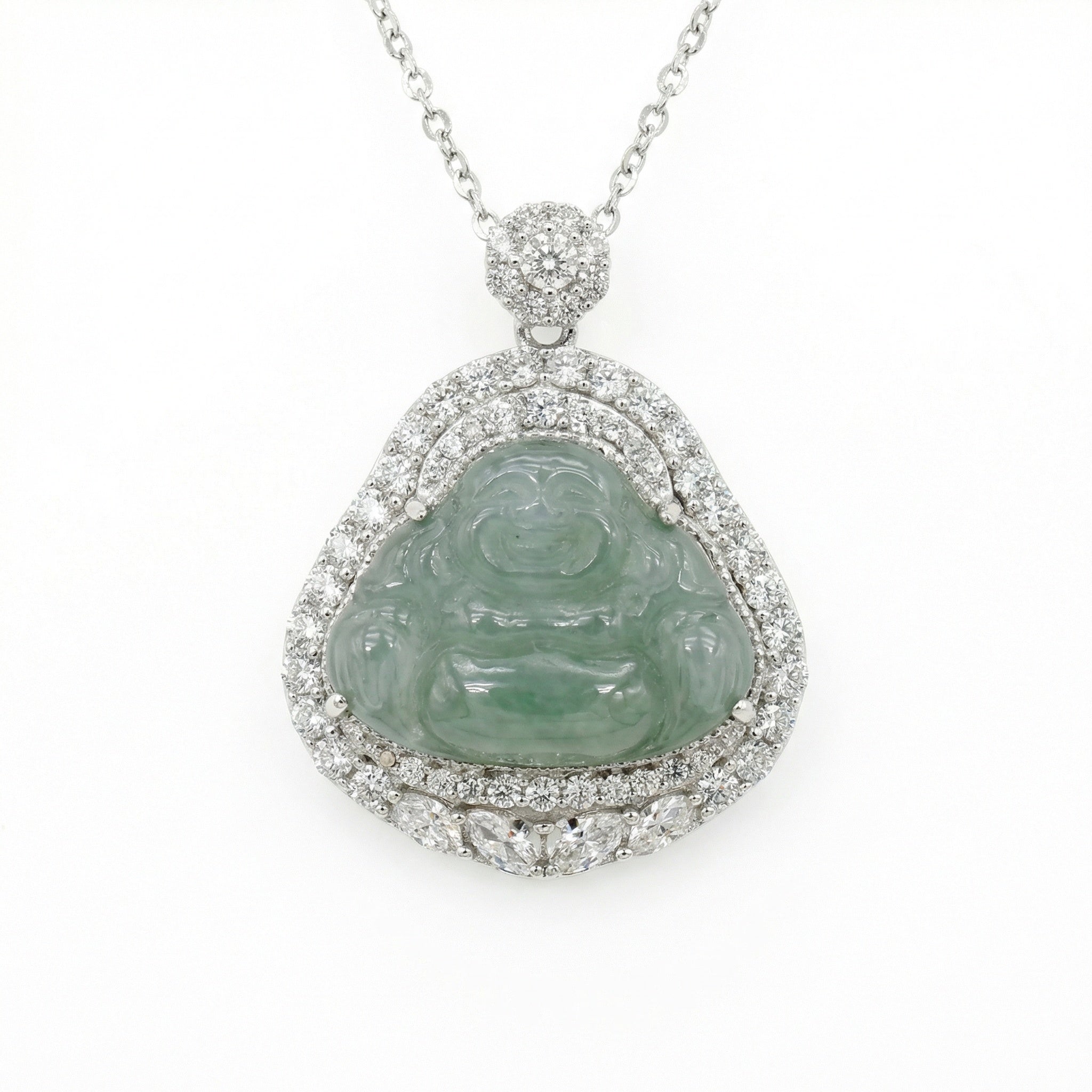 925 Sterling Silver Elegant Natural Green Jadeite Laughing Buddha Pendant Necklace with Sparkling CZ Accents