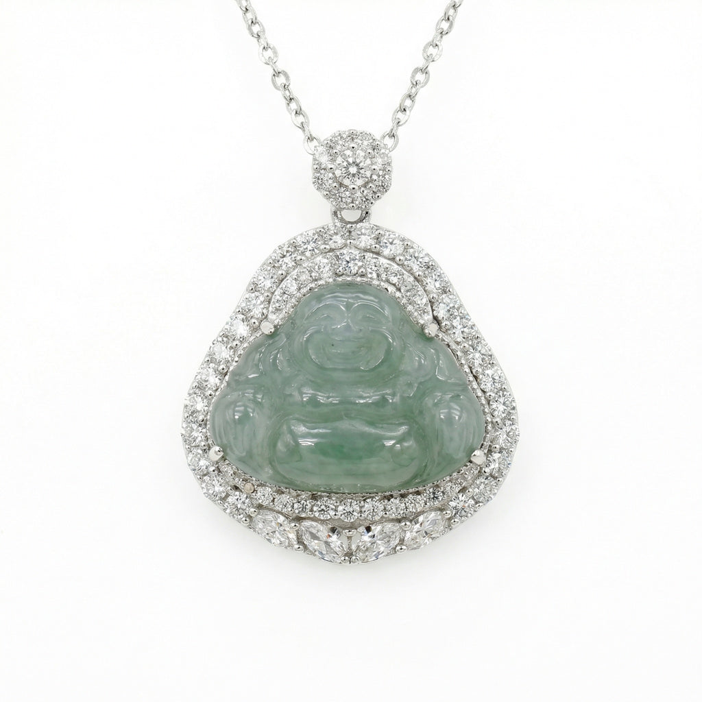 925 Sterling Silver Elegant Natural Green Jadeite Laughing Buddha Pendant Necklace with Sparkling CZ Accents