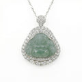 925 Sterling Silver Elegant Natural Green Jadeite Laughing Buddha Pendant Necklace with Sparkling CZ Accents