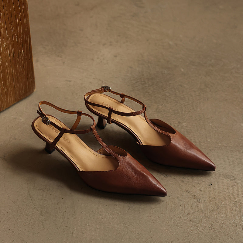 Women's Handmade Washed Full-Grain Lambskin T-Strap Slingback Heels, Vintage Pointed Toe Kitten Heel Sandals