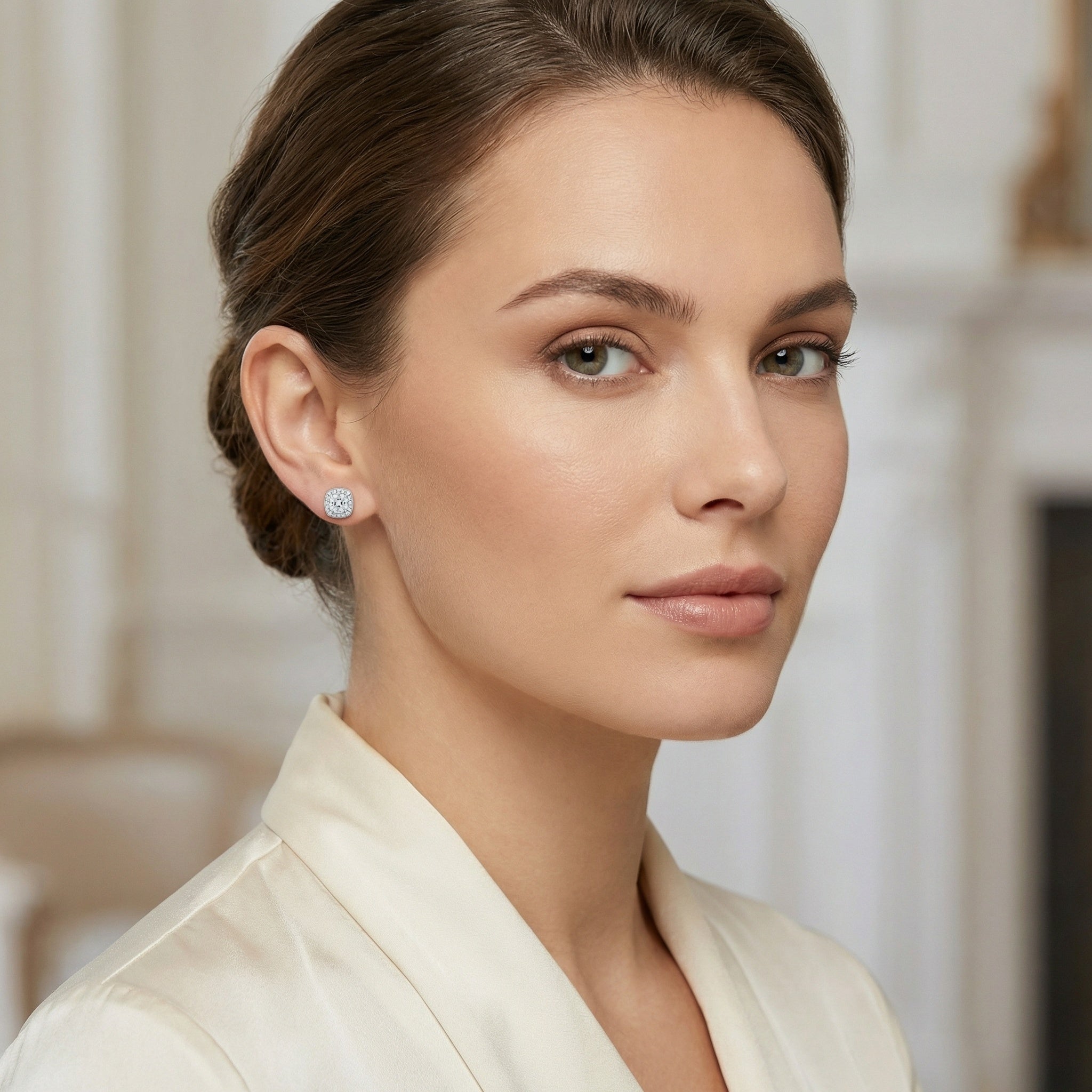 925 Sterling Silver Stunning Cushion-Cut Halo Stud Earrings in Polished White Finish