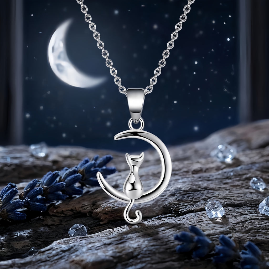 925 Sterling Silver Elegant  Cat on Crescent Moon Pendant Necklace