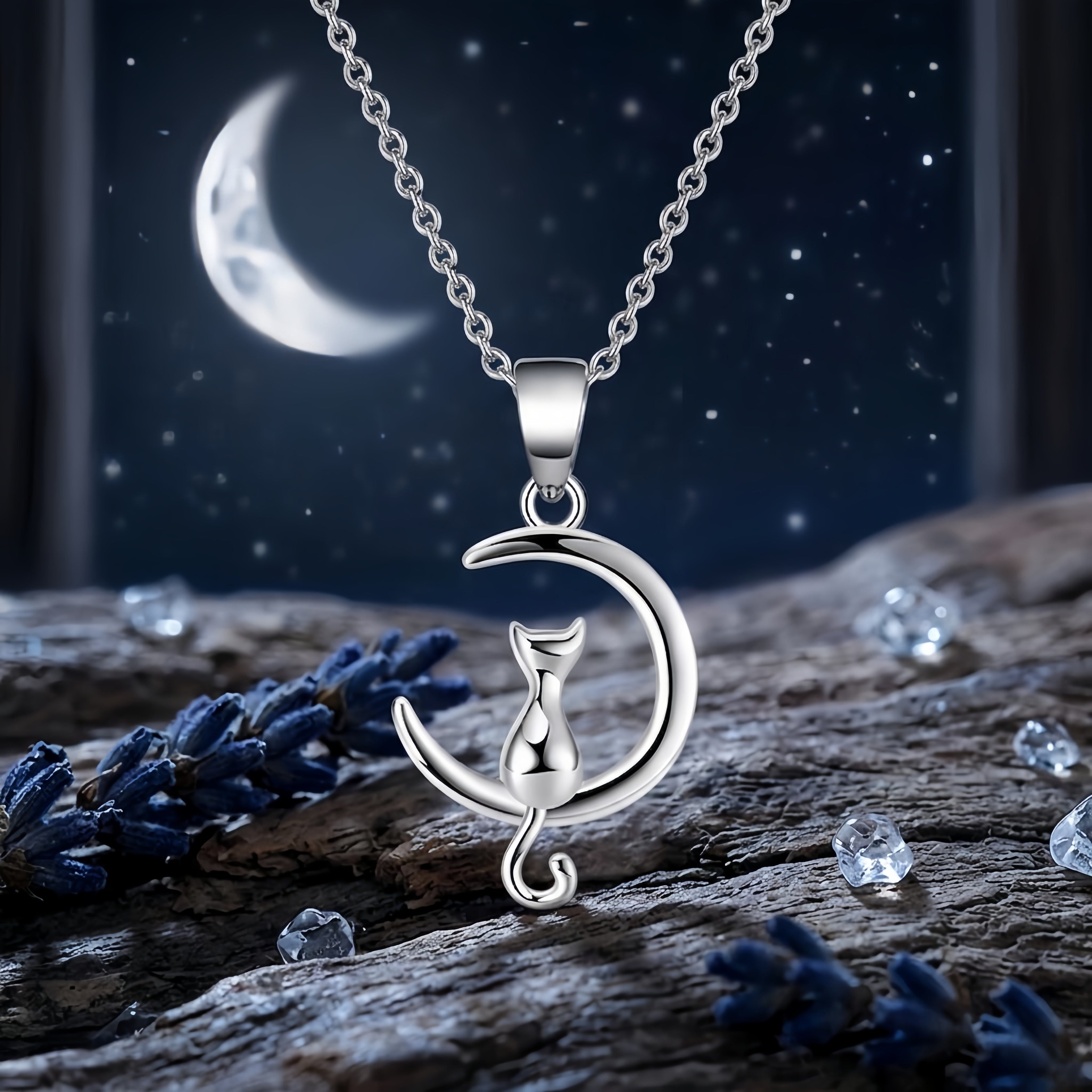 925 Sterling Silver Elegant  Cat on Crescent Moon Pendant Necklace