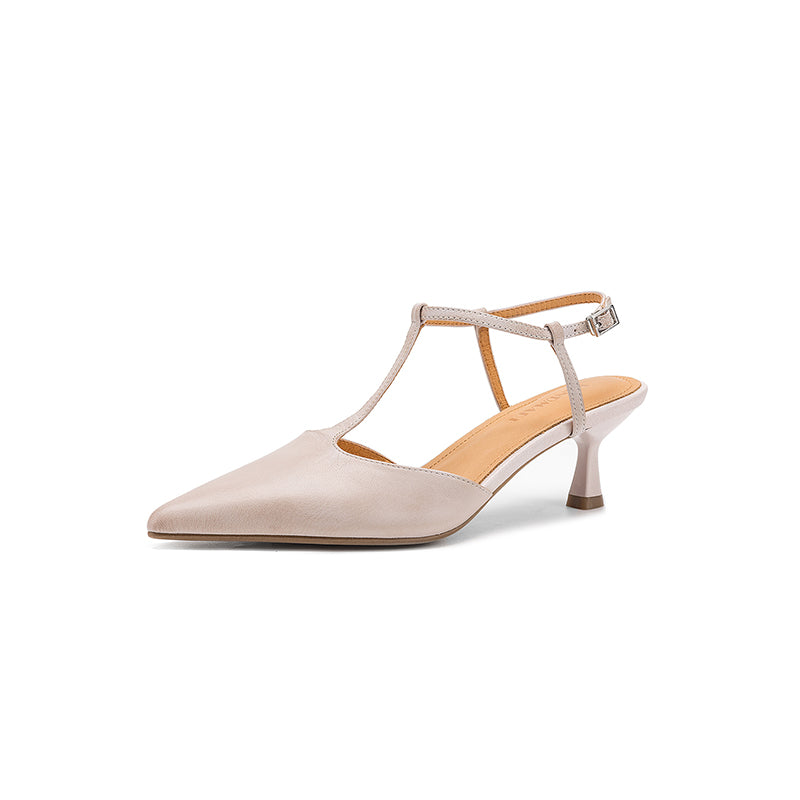 Women's Handmade Washed Full-Grain Lambskin T-Strap Slingback Heels, Vintage Pointed Toe Kitten Heel Sandals