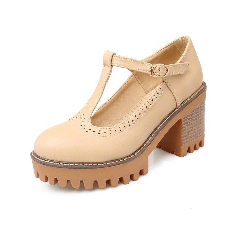 Korean-style Low-Top Single-Buckle Japanese-Style Retro Lace-trimmed Thick-soled Womens High Heels