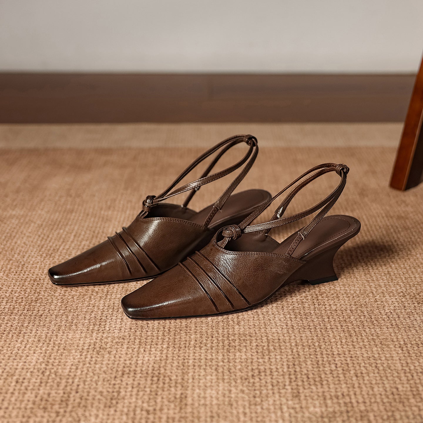 Premium Handmade Washed Leather Wedge Sandals, Women's Knotted Slingback Square Toe Shoes