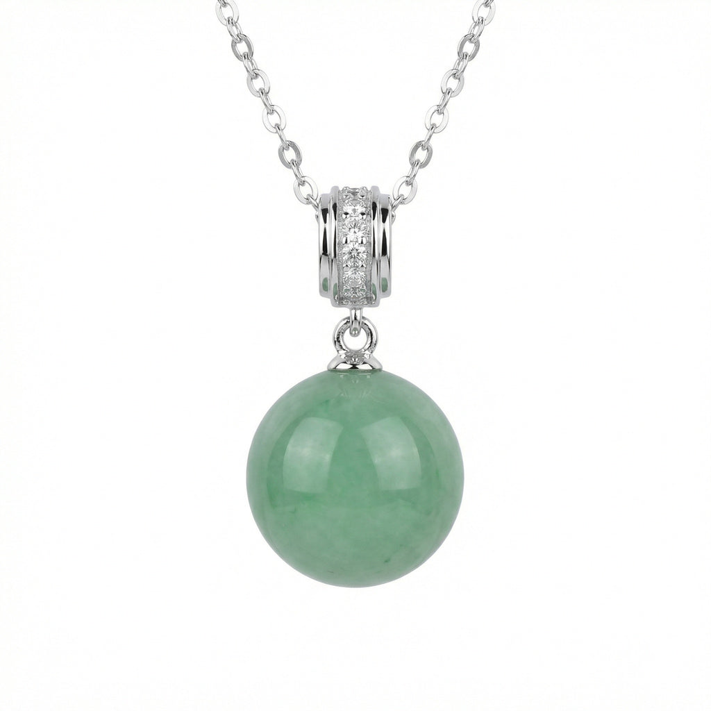 925 Sterling Silver Elegant Green Jade Round Sphere Pendant Necklace with Gemstone-Encrusted Bail