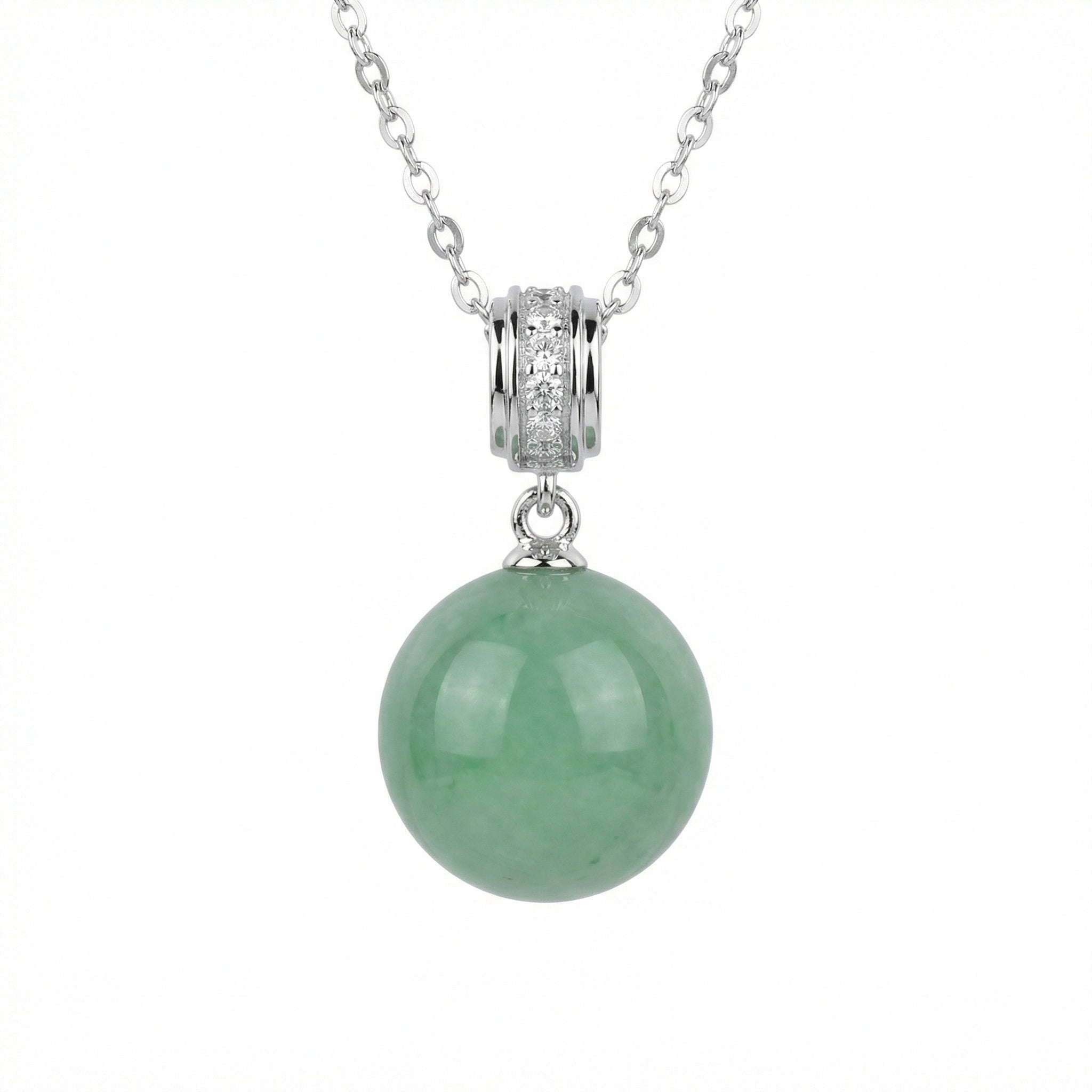 925 Sterling Silver Elegant Green Jade Round Sphere Pendant Necklace with Gemstone-Encrusted Bail