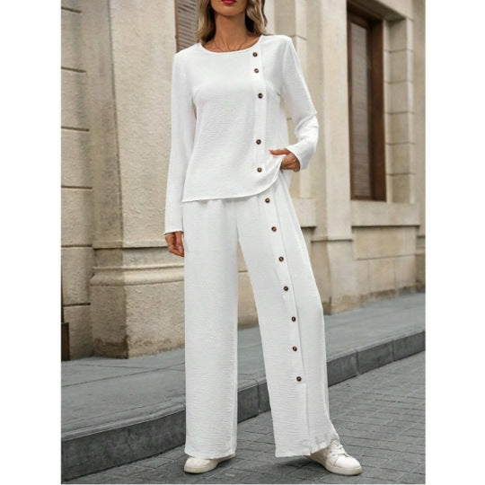 Two-piece Short-sleeve Button-up Top Loose-fit Womens Outfit